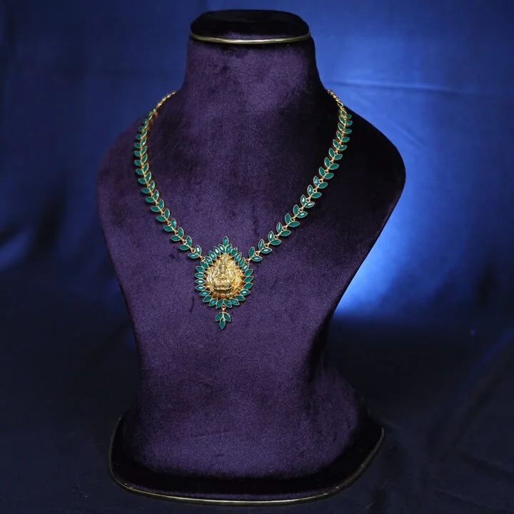 Light Weight Gold plated Emerald Lakshmi Necklace